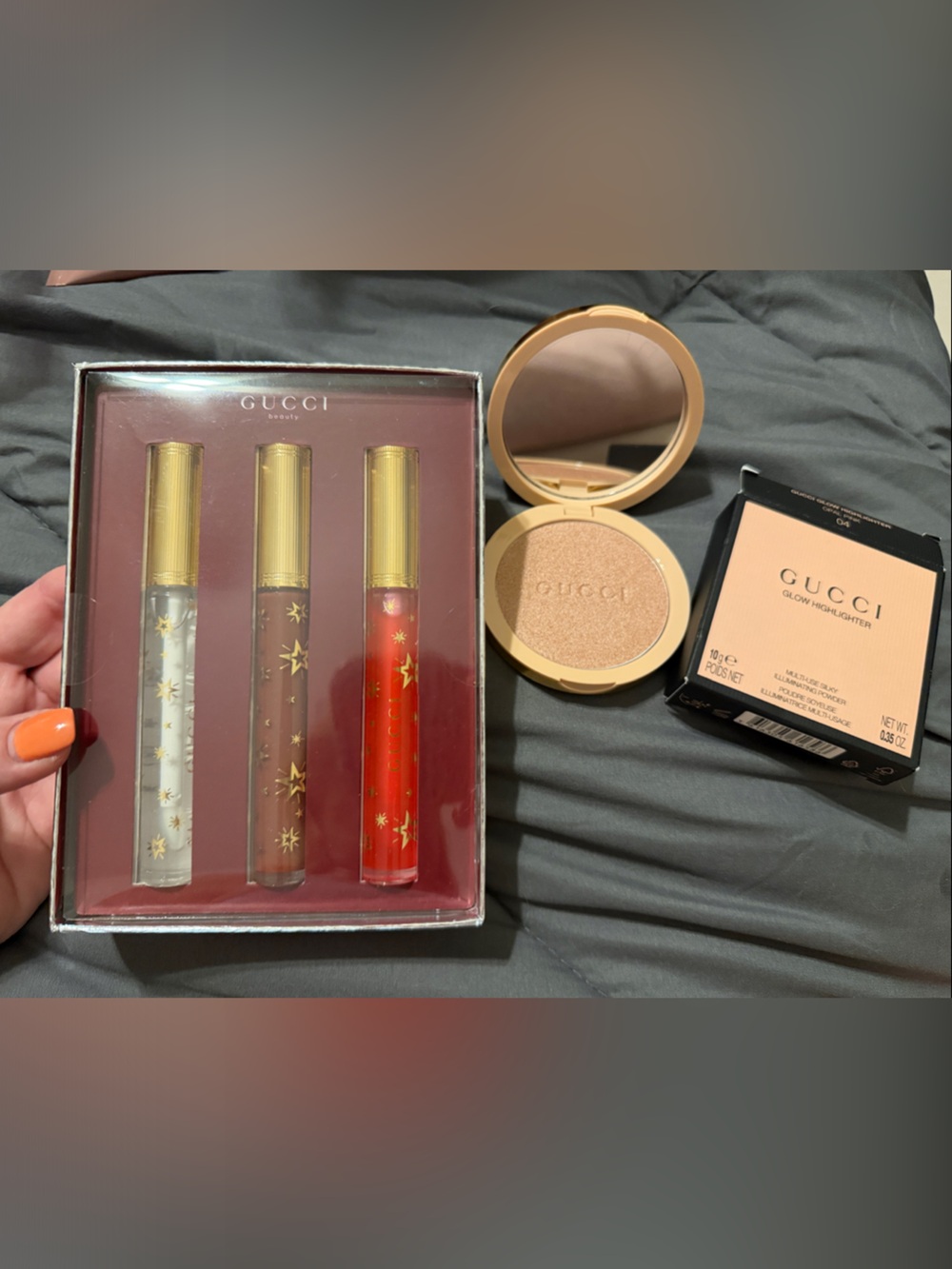 Gucci Lip Gloss Trio in Clear, Brown, and Red w/Gold Gucci Highlighter Compact